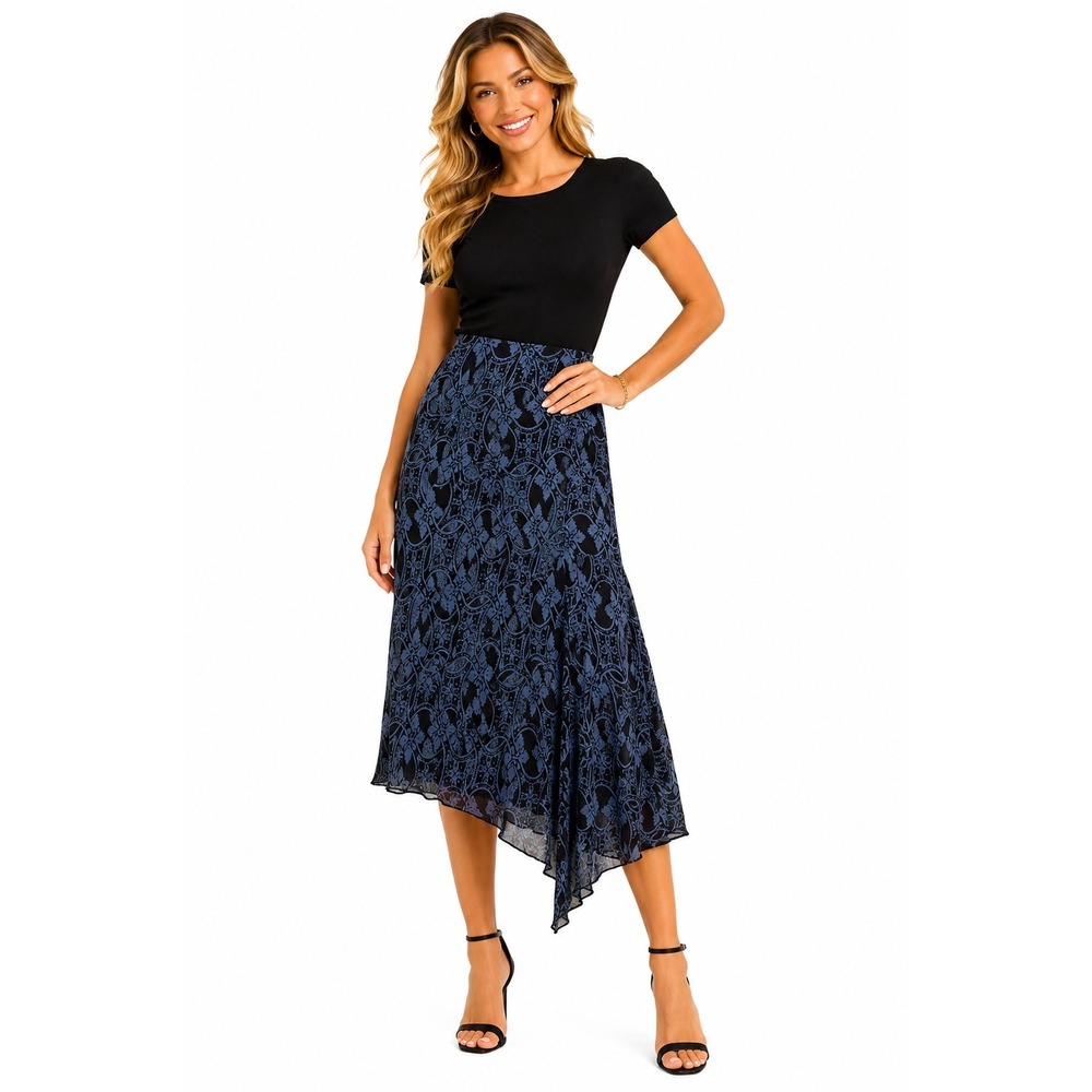 Willi Smith Womens 12 Black Blue Floral Midi Skirt Lined Stretch Asym Hem Chic‎
